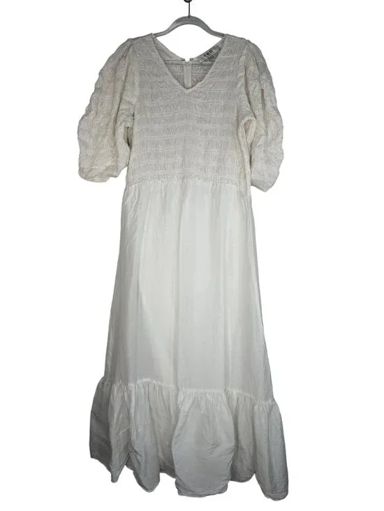 Sea New York Smocked Tiered Maxi Dress Puff Sleeves Linen Blend White Sz Medium