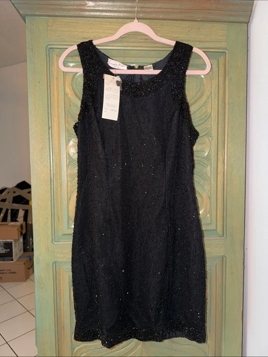 Laurence Kazar Black Beaded Sleeveless Mini Dress