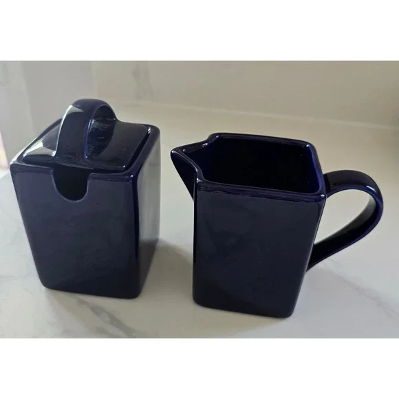 10 Strawberry Street Navy Blue Square Ceramic Creamer and Sugar Bowl Set