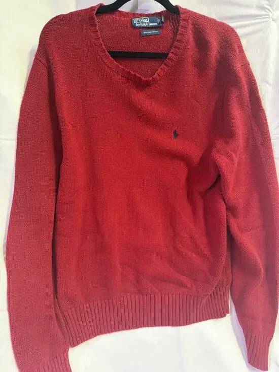 Polo Ralph Lauren Men's Red VINTAGE Pima Cotton V-Neck Knit Sweater Logo L