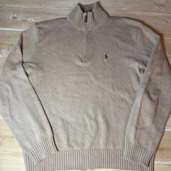 Polo Ralph Lauren Sweater‎ Knit 1/4 Zip Camel Khaki Cotton Mens M Brown Pony Vtg