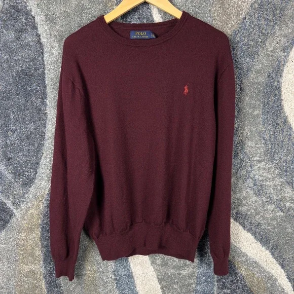 Polo Ralph Lauren Sweater Men Large Burgundy Merino Wool Crewneck Preppy Classic