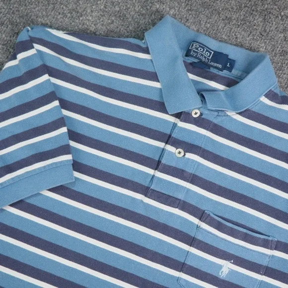 Polo Ralph Lauren Polo Shirt Mens Large Blue Striped Pocket Preppy Classic 3368