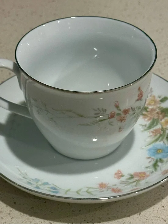 White Porcelain Teacup and Saucer with Pastel Floral Design and Gold Trim