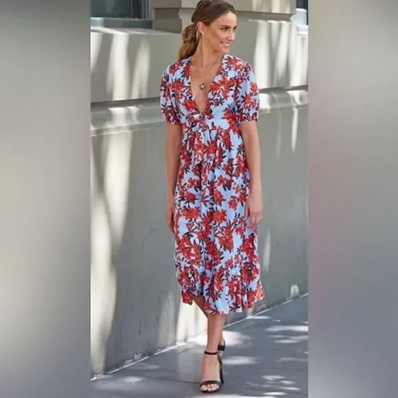 Talulah Red Floral Silk Blend Midi Dress Size Small