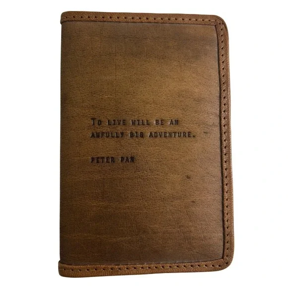 Sugarboo & Co Tan Leather Passport Notebook Cover Peter Pan Quote To Live Will