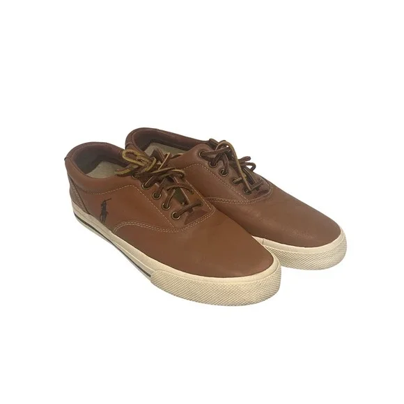 Polo Ralph Lauren Vaughn Sneakers Tan Brown Leather Low Top Pony‎ Shoes Preppy