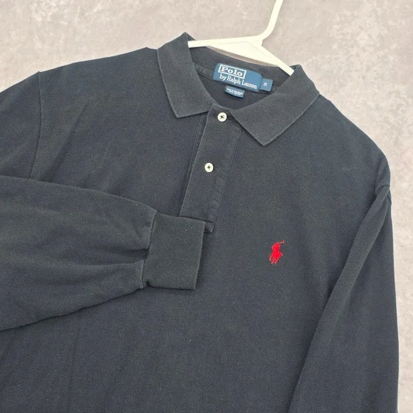 Polo Ralph Lauren Mens Small Black Long Sleeve Pique Polo Shirt Red Pony Preppy