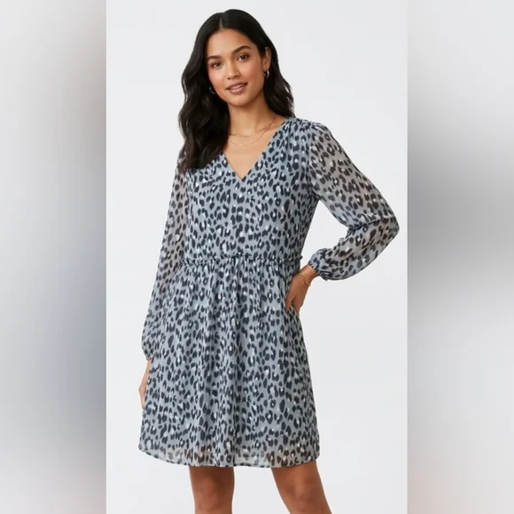 NWT LOFT Blue Leopard Print V-Neck Long Sleeve Dress Size 14