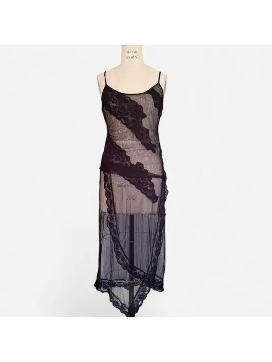 Frederick's of Hollywood Y2K Sheer Black Mesh Lace Slip Dress in Black