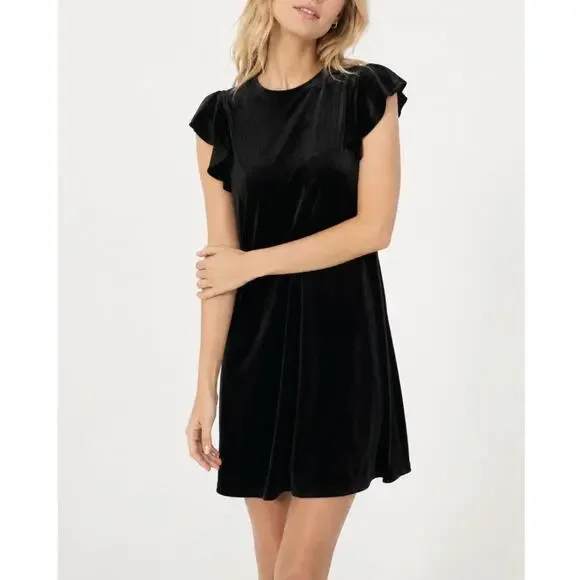 Jude Connally Flutter Sleeve Velvet Velour Dress Black Size XS