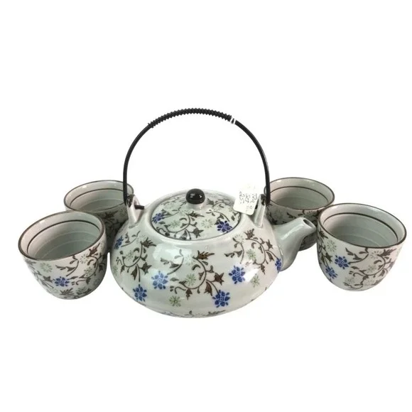 Pier 1 Imports Tomoko Hand Painted Porcelain Tea‎ Set Teapot and 4 Cups Floral