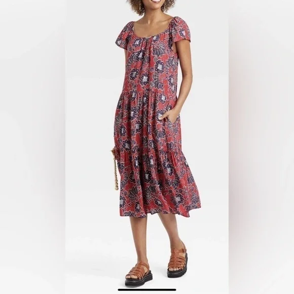 Knox Rose Red Floral Dress Sz M Cruise wear, nautical, tropical, bright TC0627