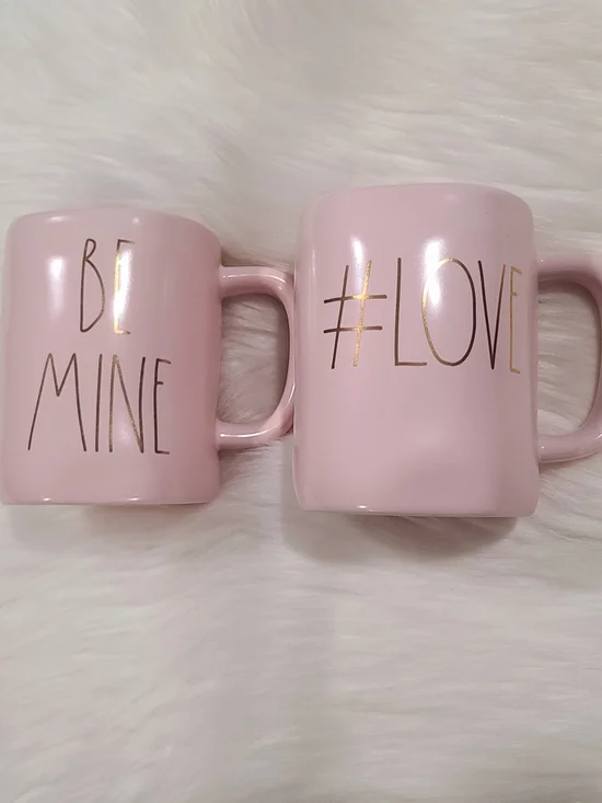 Rae Dunn Pink Ceramic #LOVE & BE MINE Mug Duo with Gold Lettering