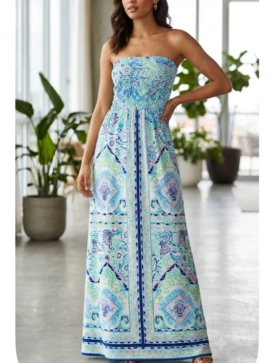 Lilly Pulitzer Marnie Strapless Maxi Dress in Open Water Print. Size Medium.