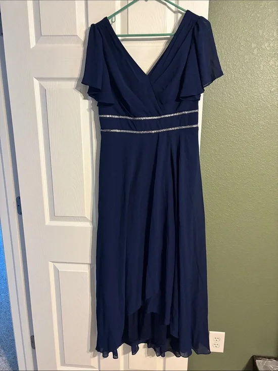 Ever Pretty Navy Blue Chiffon Midi Dress with Rhinestone Waistbands