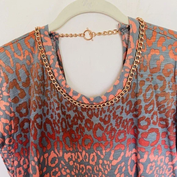Skinnygirl Dress Throwback Leopard Print Chain Neck Dress Coral Grey Medium