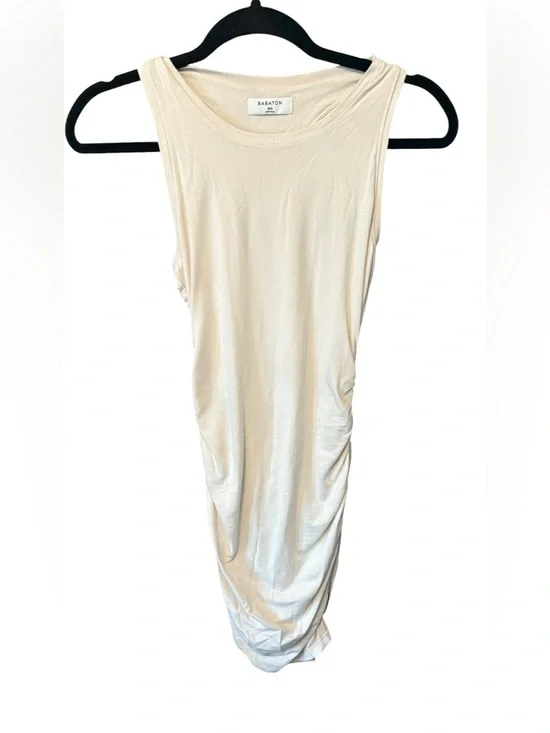 BABATON Aritzia Ruched Bodycon Midi Dress Nude Cream Sleeveless XXS Minimalist