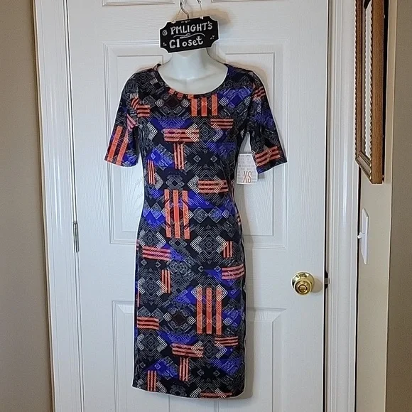 LuLaRoe Julia Dress XS New Black Blue White Orange