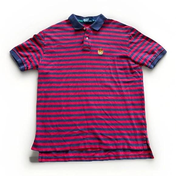 Polo Ralph Lauren Shirt Mens XL‎ Red Striped Cotton Crest Coat of Arms Logo Vtg