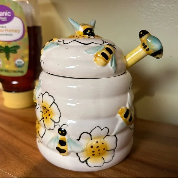 Bee Honey Pot w/ Dipper | Whimsical Ceramic Honey Jar | Cottagecore Kitchen Deco