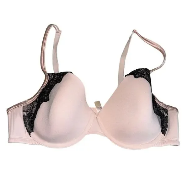 Cacique Padded Cotton Bra Size 42D Pink Black Lace