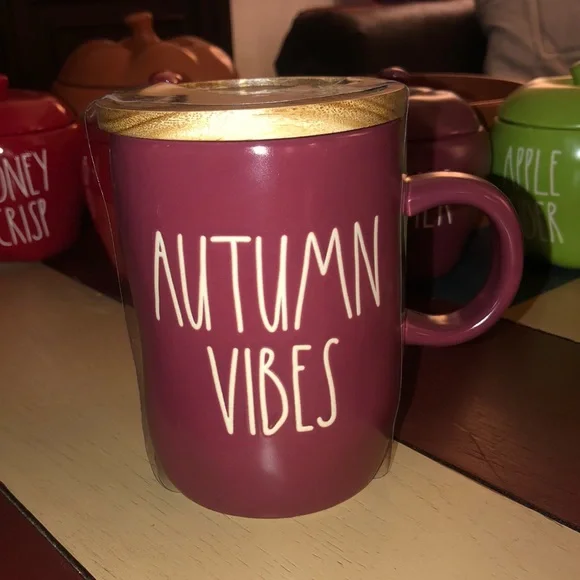Rae Dunn AUTUMN VIBES Mug with Wood Lid/Coaster Burgundy