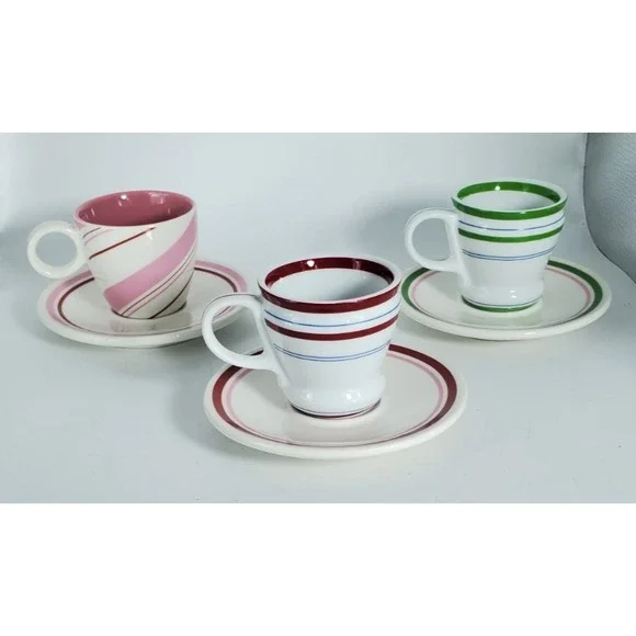 Starbucks Holiday 2007 Espresso Candy Cane 3‎ oz. Cups Saucers Set of 3