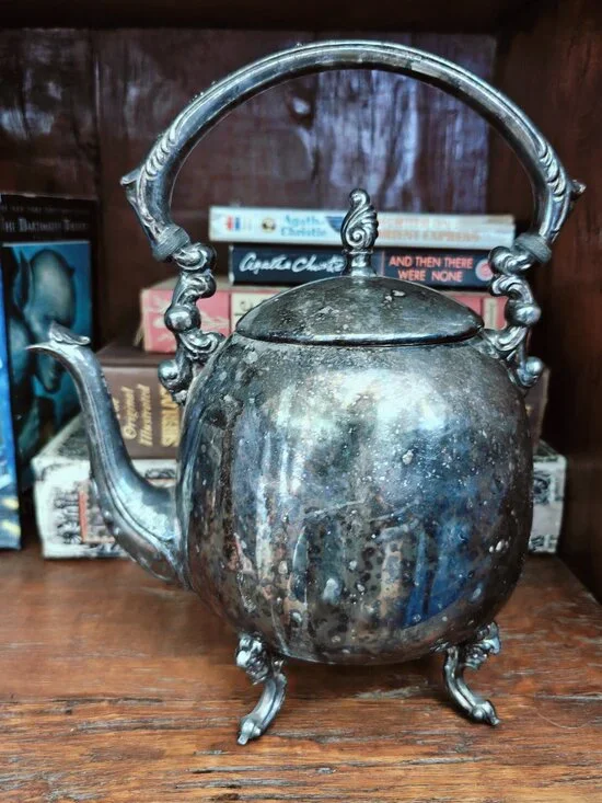 Vintage Sheridan Silver on Copper Ornate Footed Teapot Tea Kettle