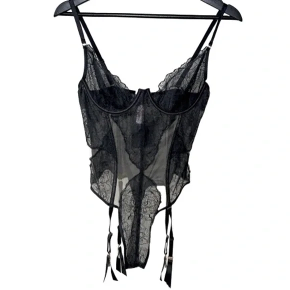 Savage X Fenty by Rihanna Black Lace & Tan Mesh Sheer Bodysuit Teddy Size Small