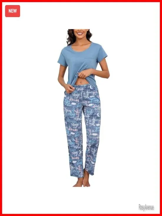 60% Cotton 40% Polyester Short Sleeve Pajama Set with Pockets