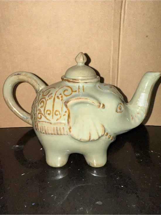 Pier 1 Pale Sage Ceramic Elephant Teapot