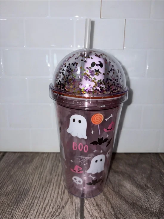 RARE Pink Halloween 3D Ghost Glitter Dome Party Cup 16oz Double Wall Tumbler