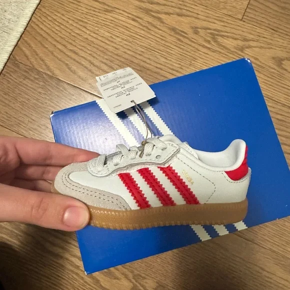 adidas Kids Samba Sneaker in White with Red Stripes and Gum Sole