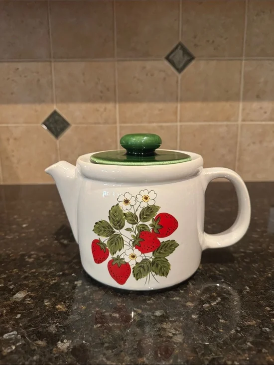 Mccoy White Ceramic Teapot with Red Strawberry Motif and Green Lid