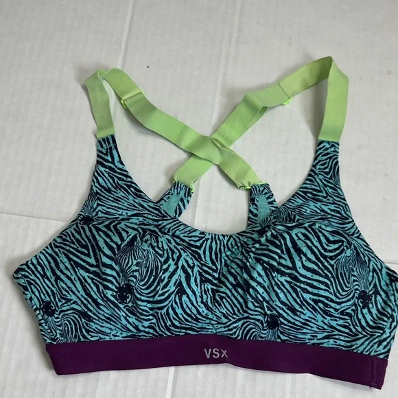 VSX‎ Sport Victoria Secret Racerback Padded Sports Bra 32B Blue Zebra Print