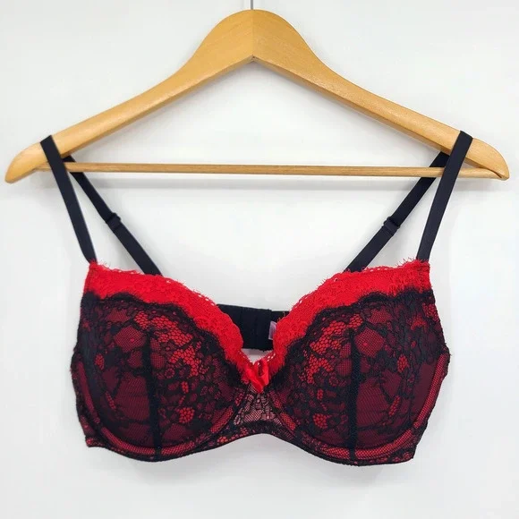 Adore Me Emanuelly Push Up Balconette Underwire Bra Red Black Lace Size 36D