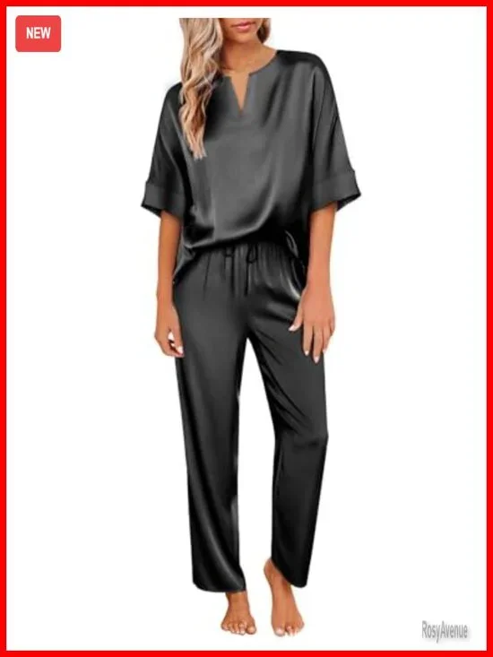 Women's Satin Pajama Set Short Sleeve V Neck Shirt with Long Pant Soft