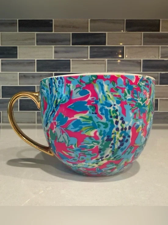 Lilly Pulitzer Oversized Coffee Mug Gold Handle Tropical Print