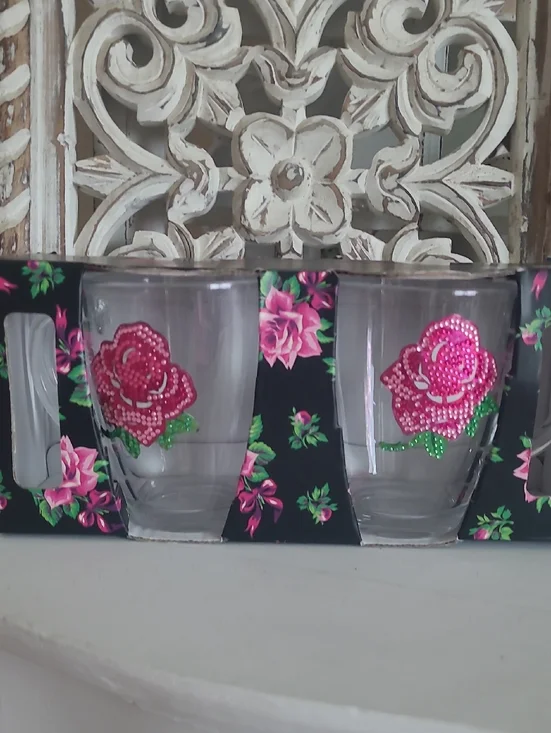 Betsey Johnson Coffee Mugs Set Of 2 With A Beautiful Rhinestone Bling Rose On It