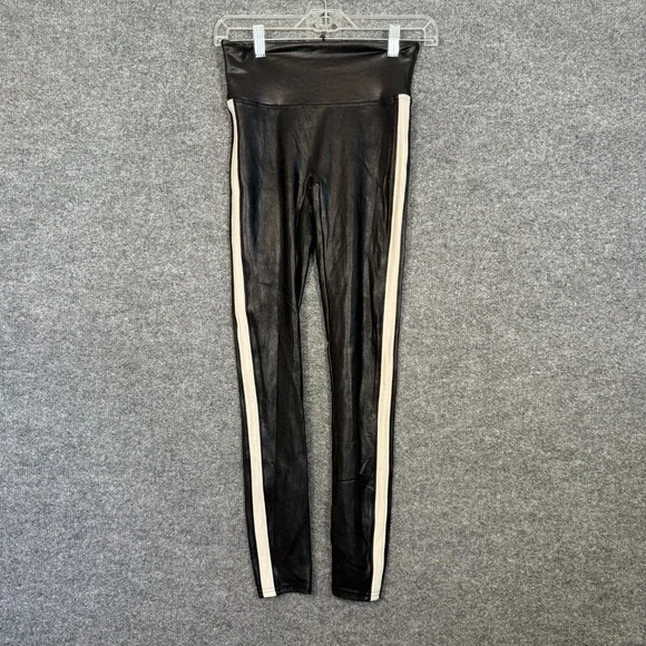 Spanx Leggings Womens Small Black Shiny Side Stripe Shapewear‎ Mid Rise
