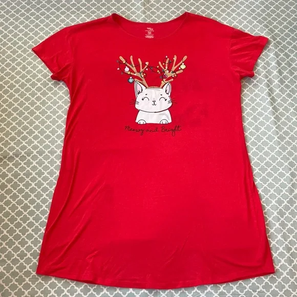 Secret Treasures Reindeer Cat Meowy and Bright Sleep Dress Tee L/XL