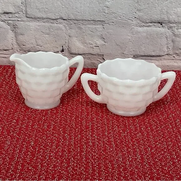 Vintage Opaque by Hazel-Atlas Cubist Sugar/Creamer Milk Glass White Collectible