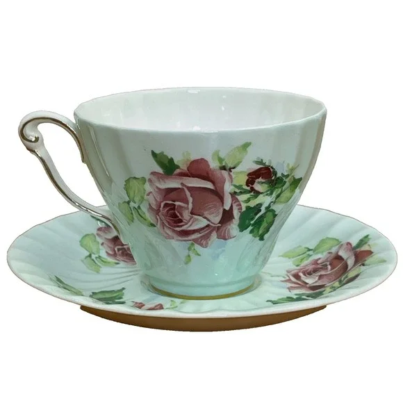 Vintage Queen Anne Tea Cup & Saucer Set Pastel Green w‎ Pink Roses Numbered