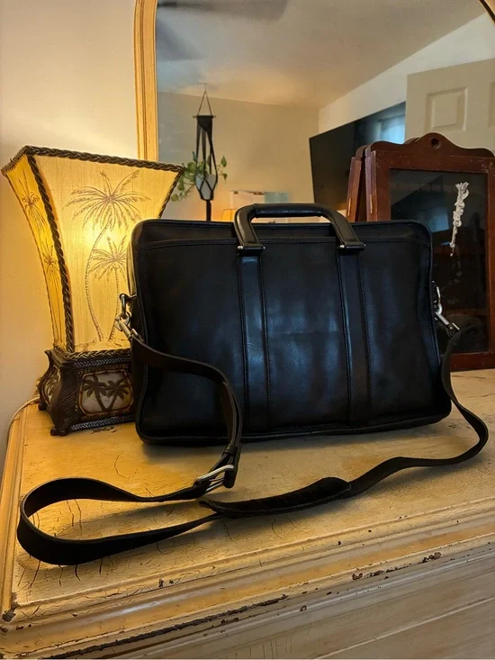 Coach A1269-F70374 Black Leather Laptop Briefcase 2 Way Carry Handles & Strap