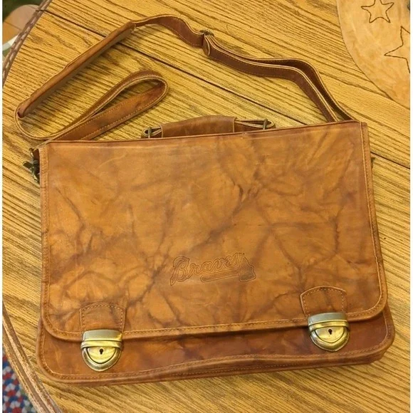 Gorgeous Genuine Leather Briefcase Messenger Embossed Braves Baseball‎ Bag