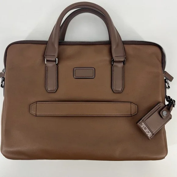 NEW TUMI Harrison SYCAMORE Slim 100% Leather Laptop Brief Briefcase COGNAC BROWN