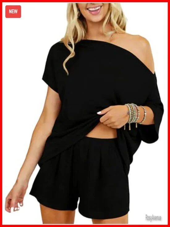 2 Piece Short Set - Off Shoulder Batwing Top & Shorts Pajama Lounge Set