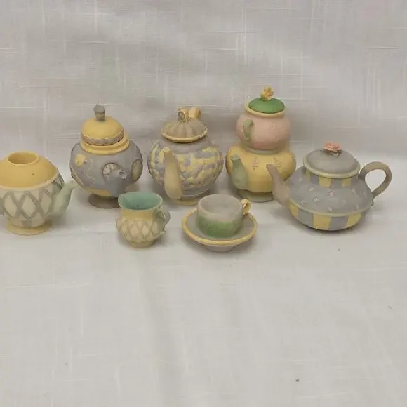 Russ Berrie Miniature Resin Teapot Tea Set Mixed Lot 8 Pc Dollhouse Fairy Garden