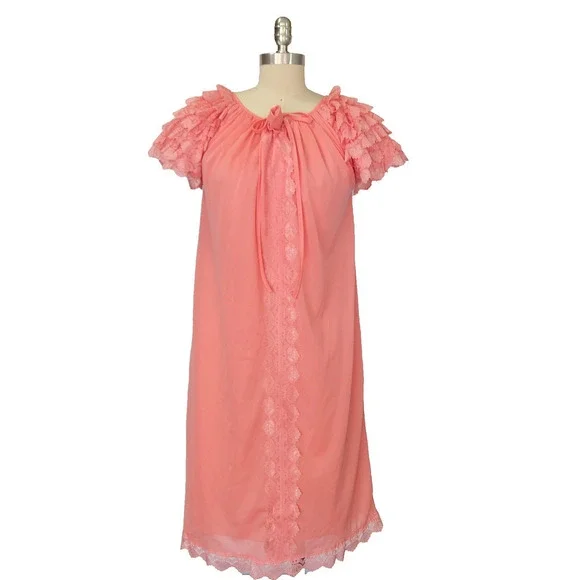 Vintage 60s Pink Nightgown Size S Ruffles Nylon Short Sleeve Lingerie Coquette